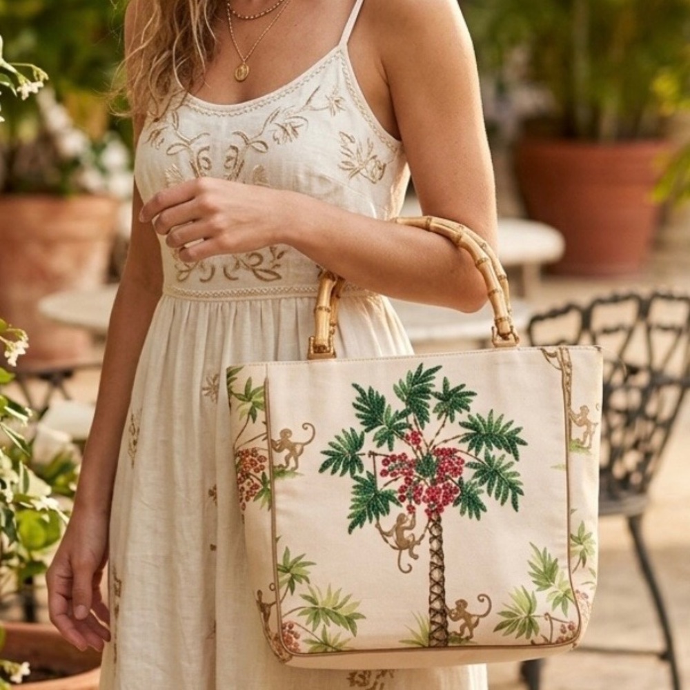 Vintage Tropical Beaded Palm Tree and Monkey Bag Bamboo Handles